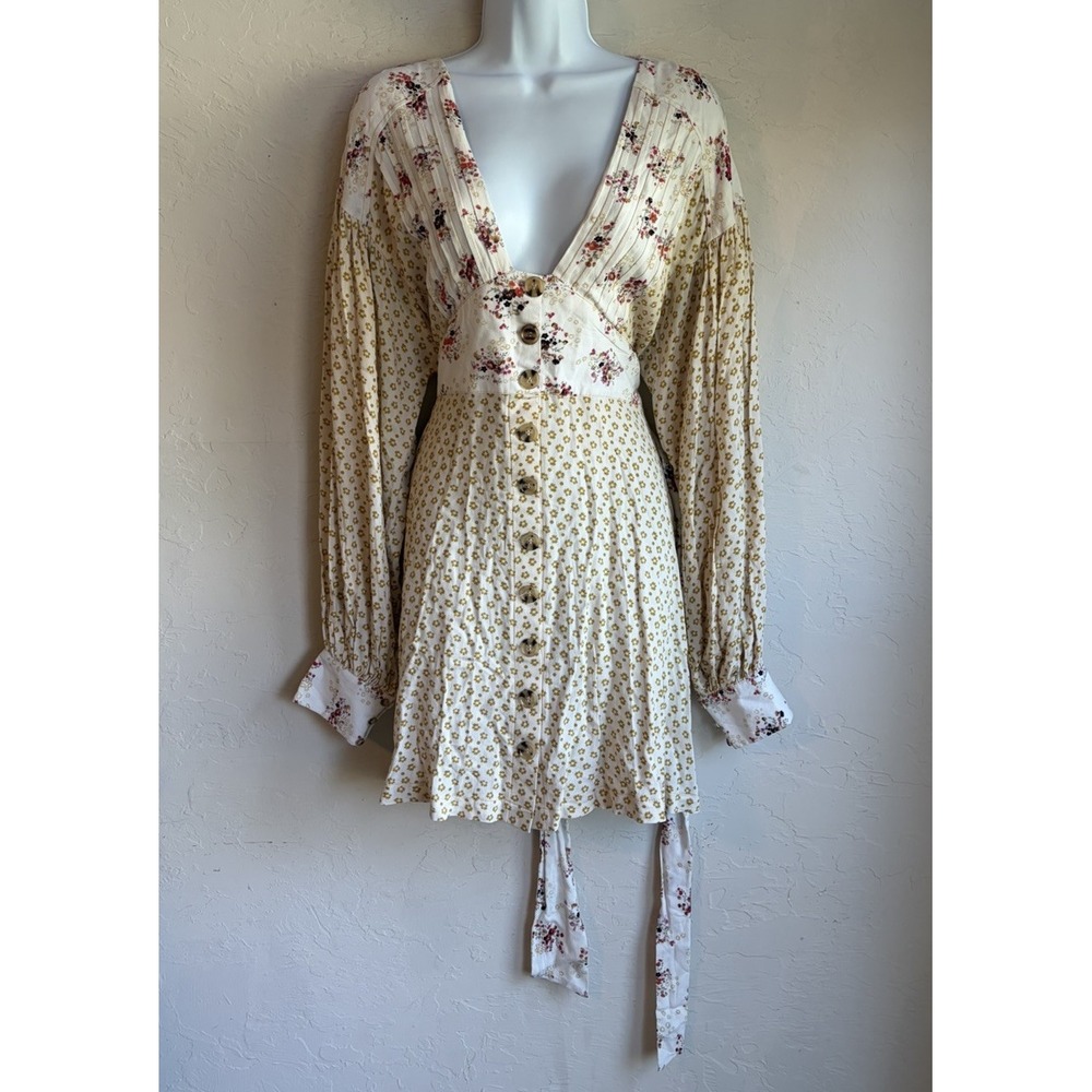 Free People Wonderland Mini Dress L Fairy Romantic Boho Cottagecore Tie Waist